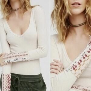 Free People We The Free Thermal Lace Cuff Waffle Top Ivory Size: L